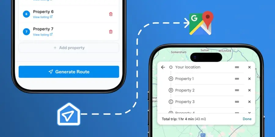 An optimized viewing route open in Google Maps with multiple property stops